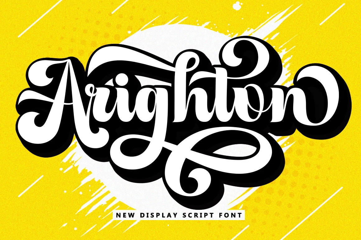 Arighton Font preview with bold white groovy script lettering, thick strokes, and a dramatic black shadow