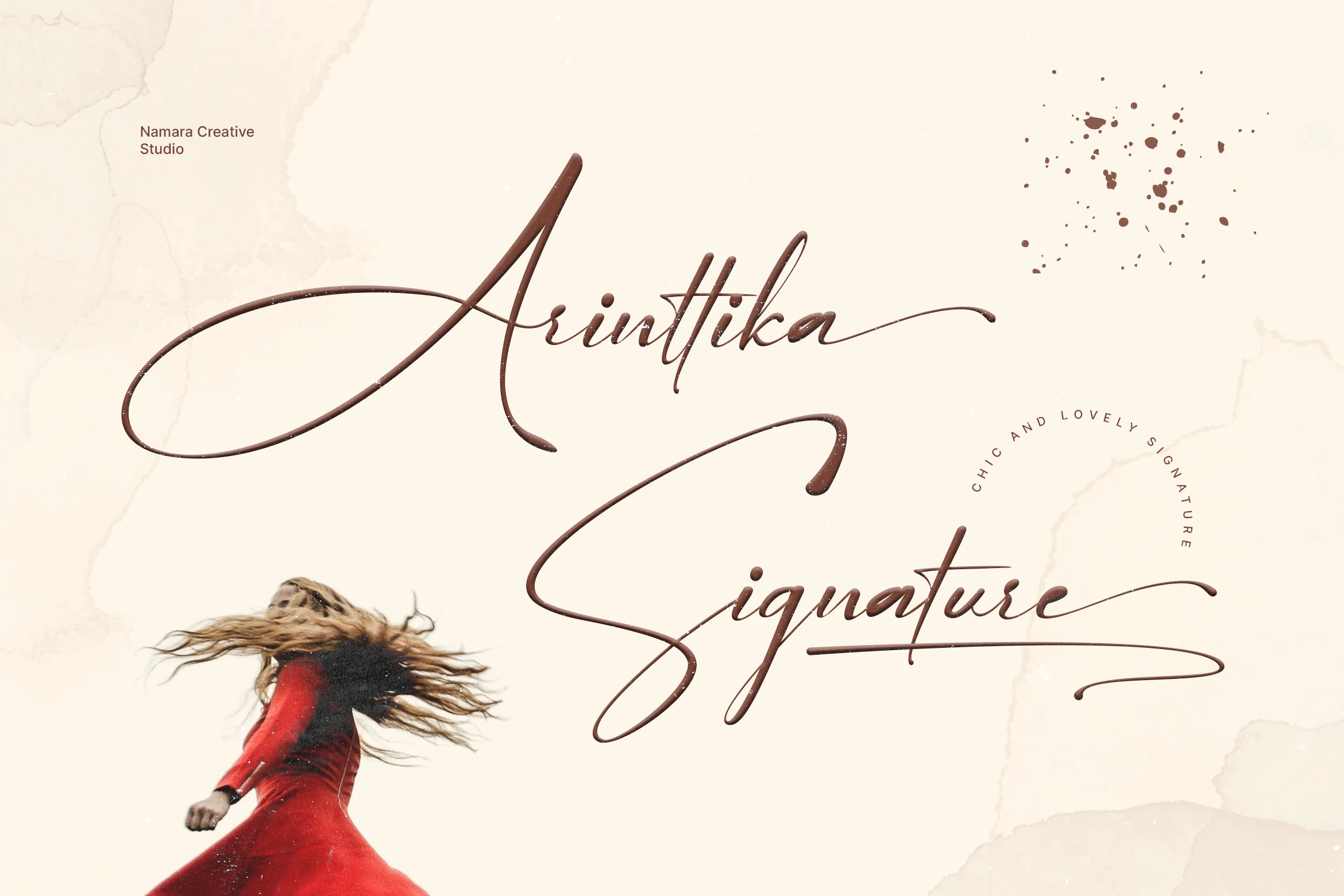 Arinttika Signature Font preview with thin brown handwritten script, sweeping swashes, and elegant looping letters