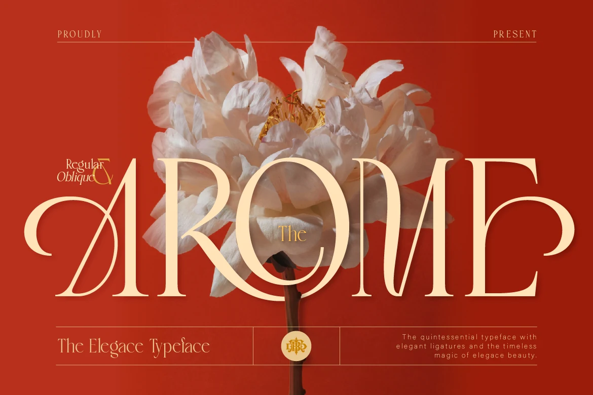 Arome Font preview showing elegant cream high-contrast serif lettering with sweeping curves