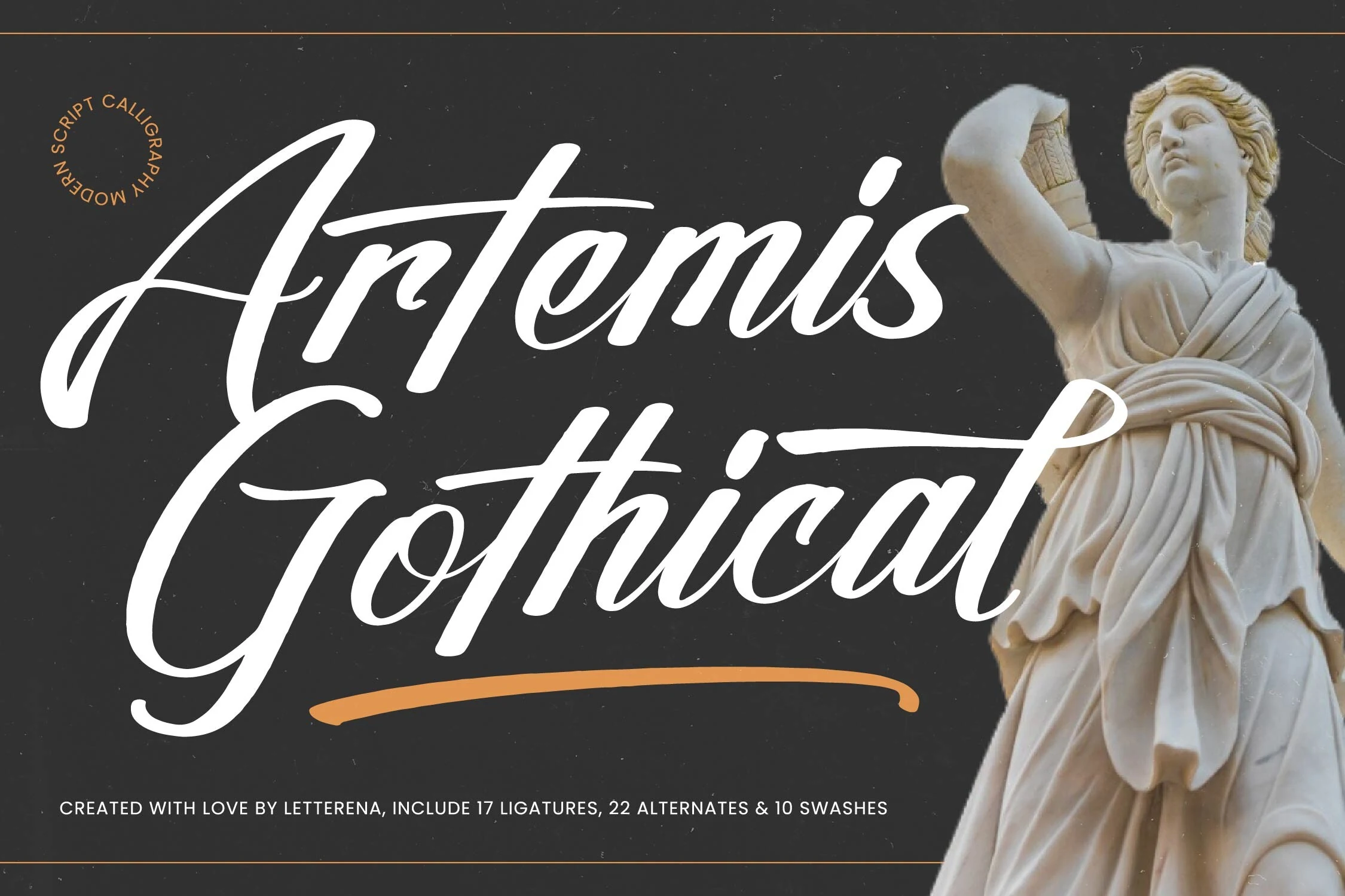 Artemis Gothical Font preview in bold white script with sweeping swashes and a warm orange underline