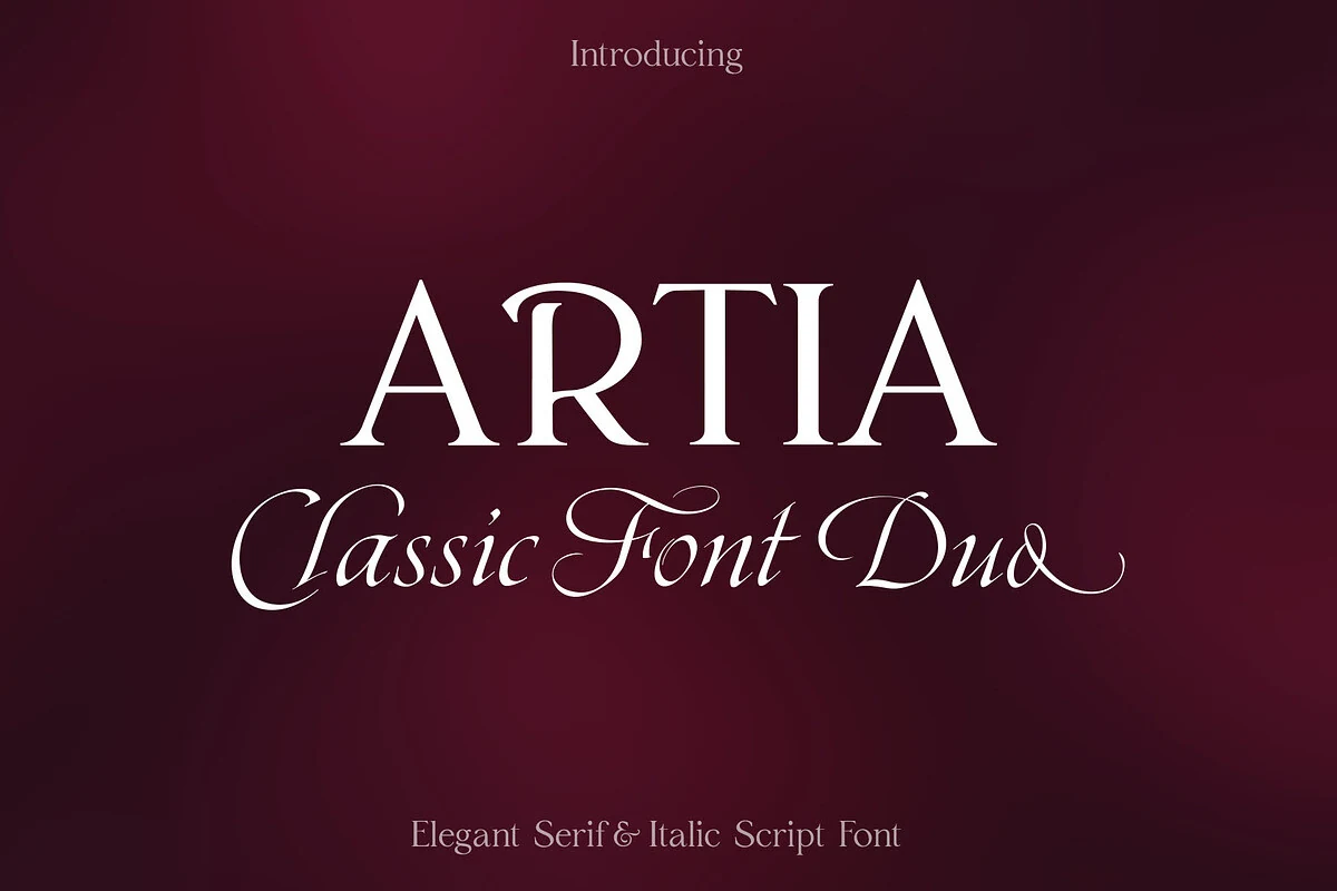 Artia Duo Font preview with high-contrast serif capitals and flowing italic script