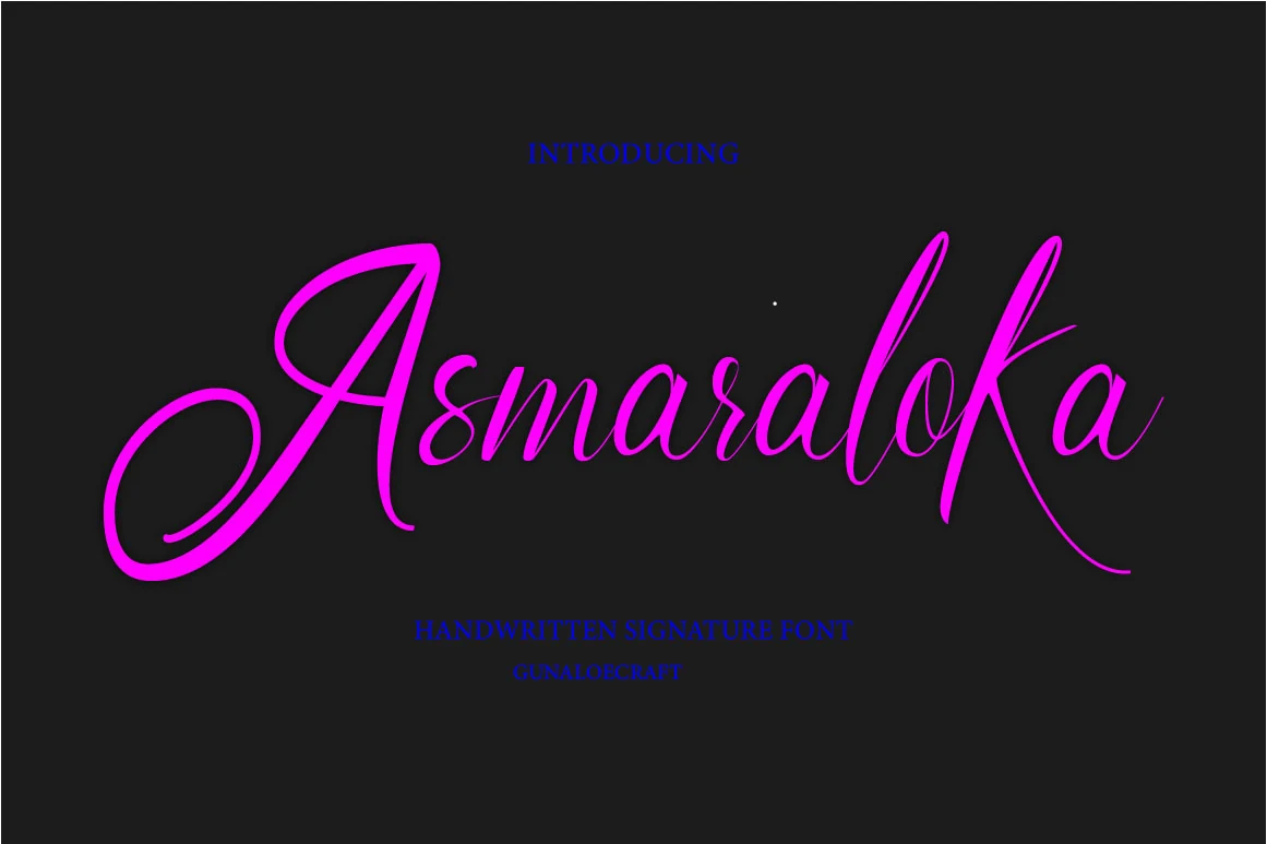 Asmaraloka Font preview with bright pink flowing signature script and long swashes