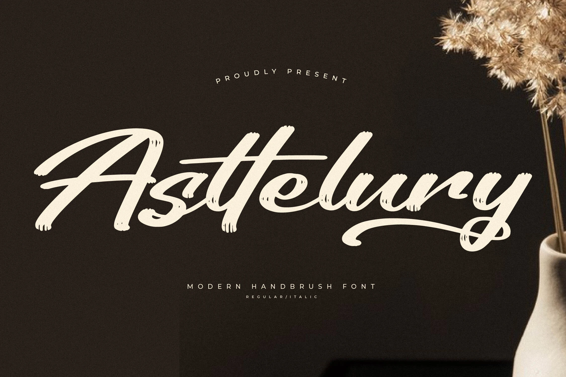 Asttelury Font preview in bold cream brush script with rough stroke ends and a sweeping final swash