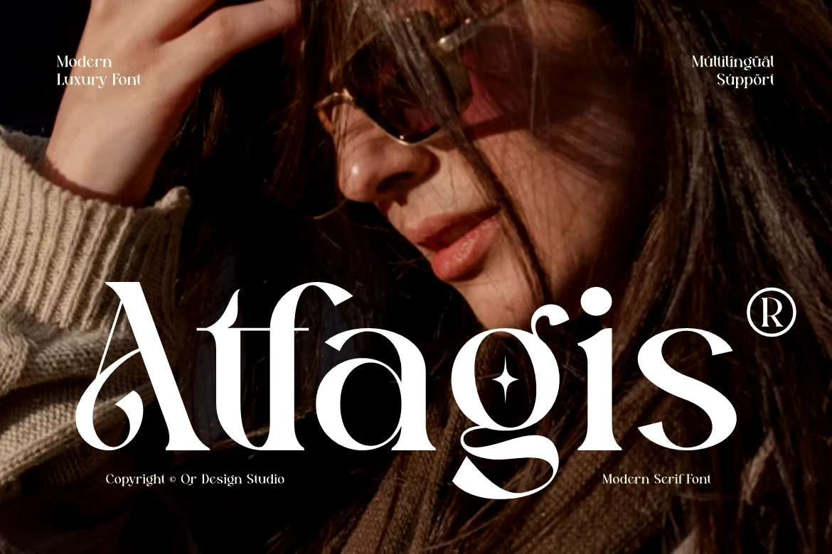 Atfagis Font preview with large white luxury serif lettering over a warm fashion portrait