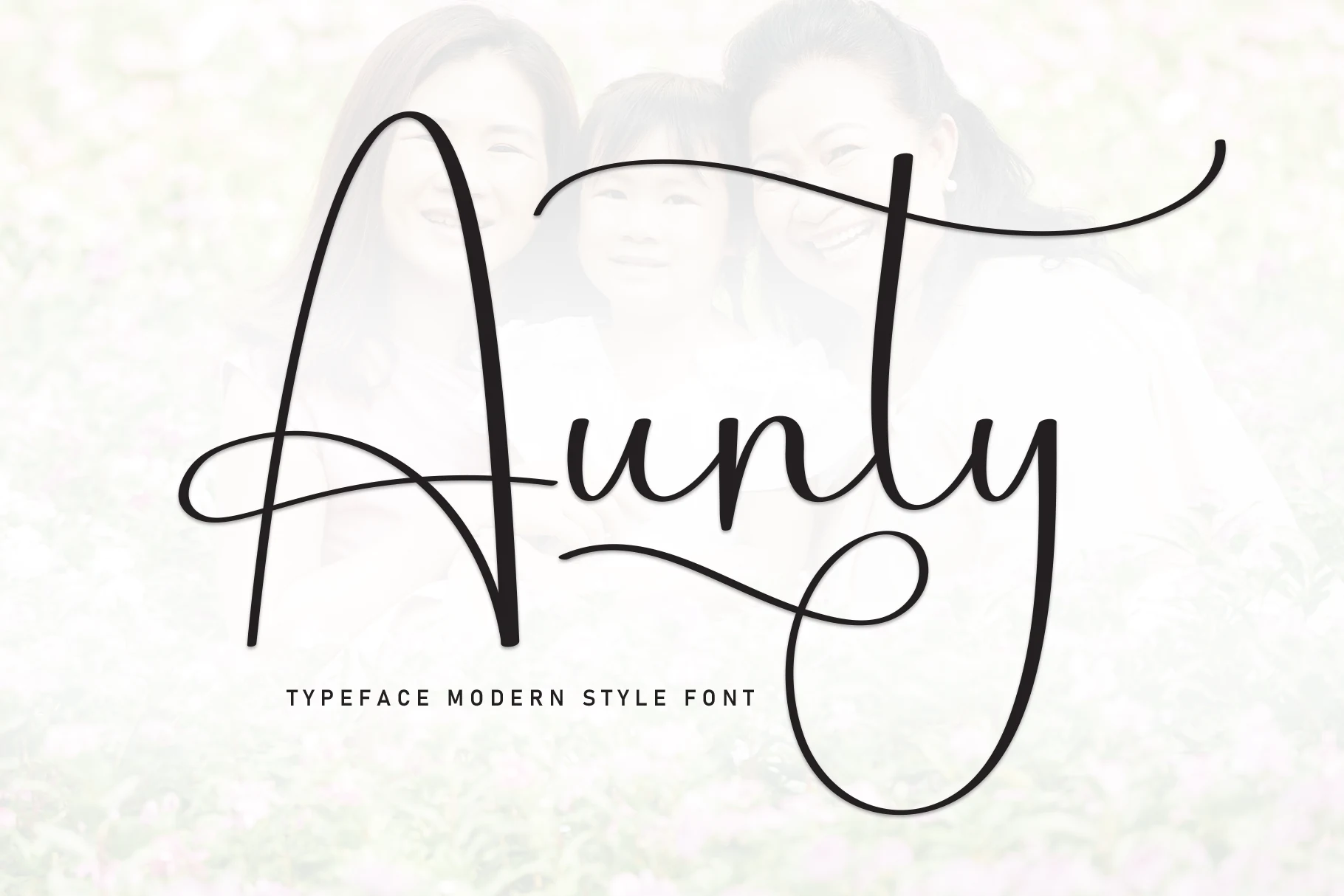 Aunty Font preview with tall black script lettering, long swashes, and a looped descender