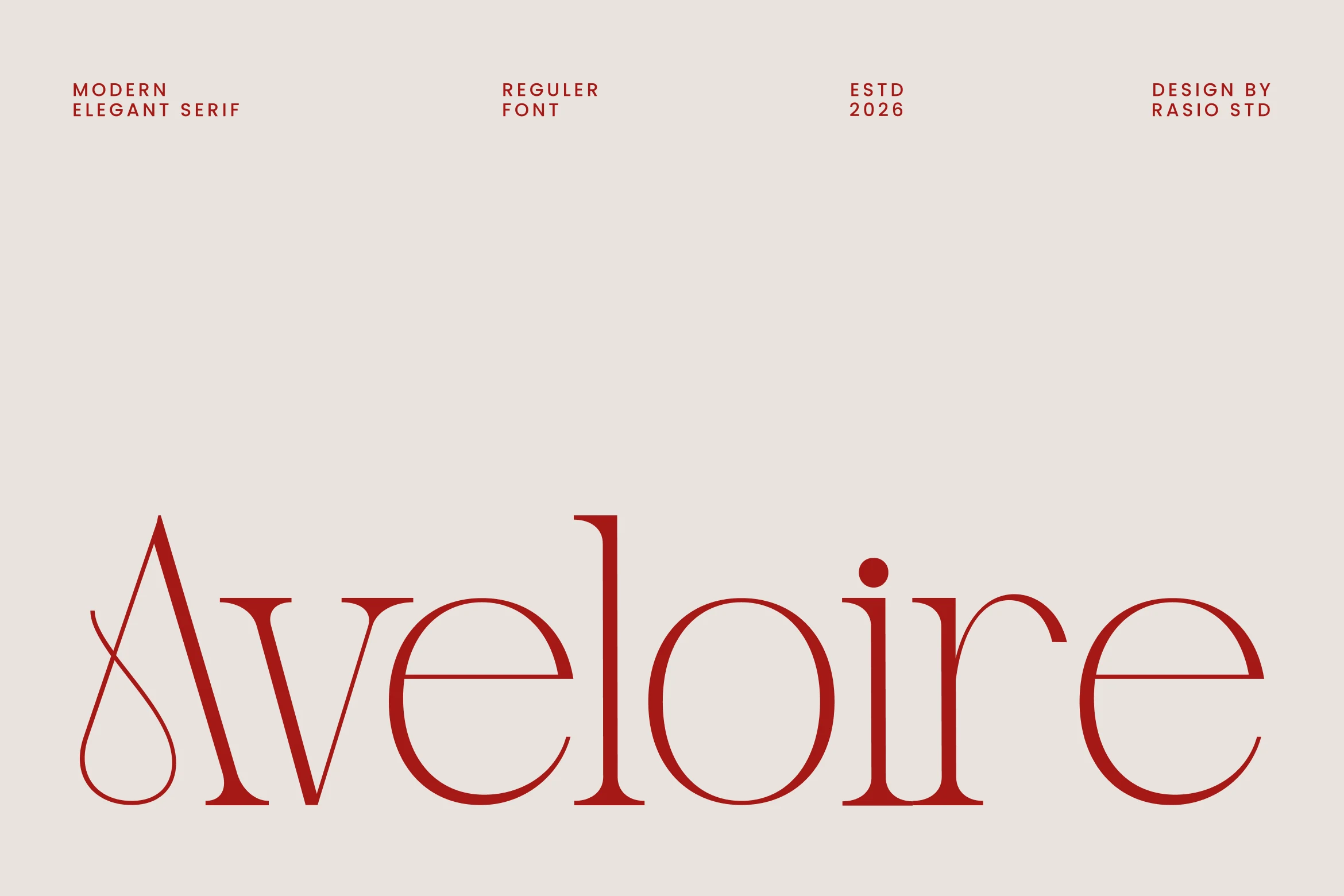Aveloire Font preview in red elegant serif lettering with a swashed capital A