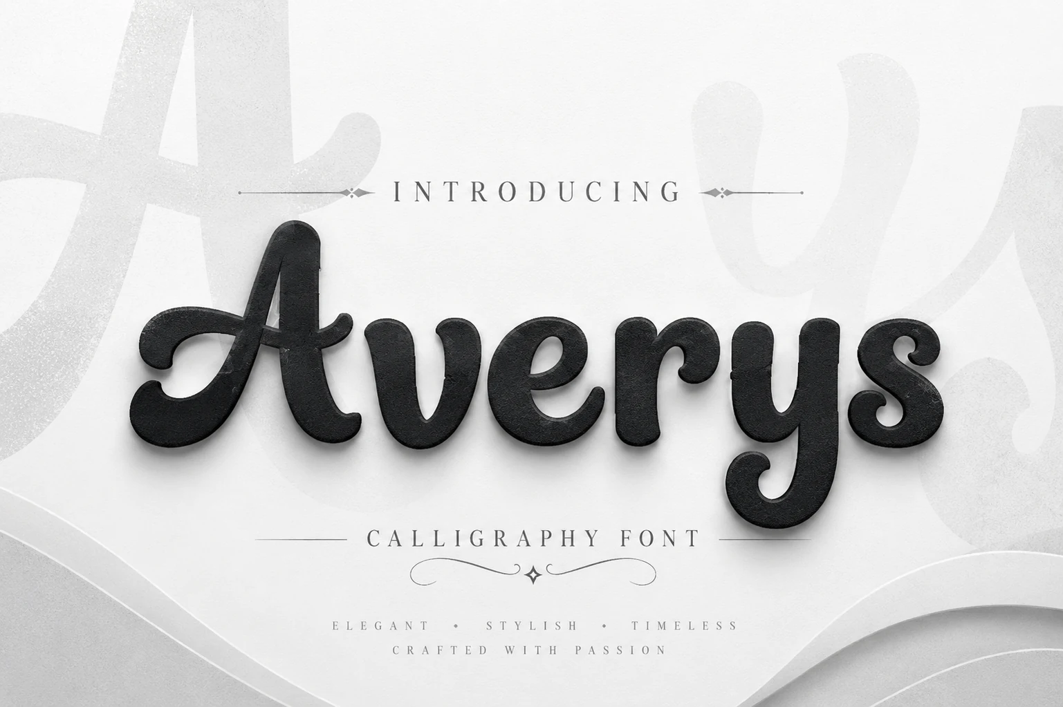 Averys Font preview with black rounded calligraphy script, soft curves, and curled terminals