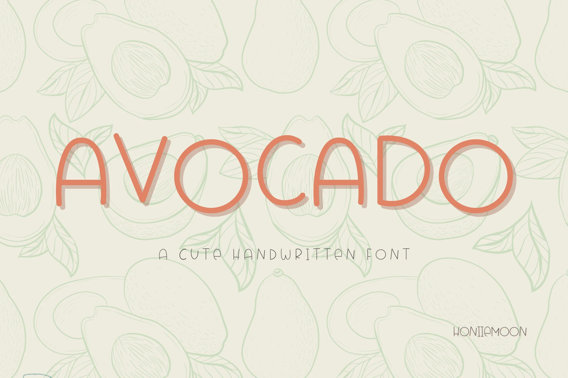 Avocado Font thin rounded handwritten lettering in coral with a playful all-caps look