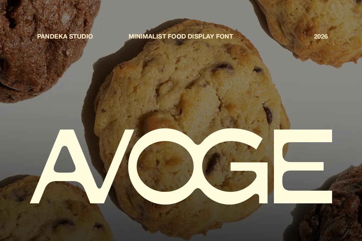 Avoge Font preview with large cream geometric letters and rounded modern shapes over cookie imagery