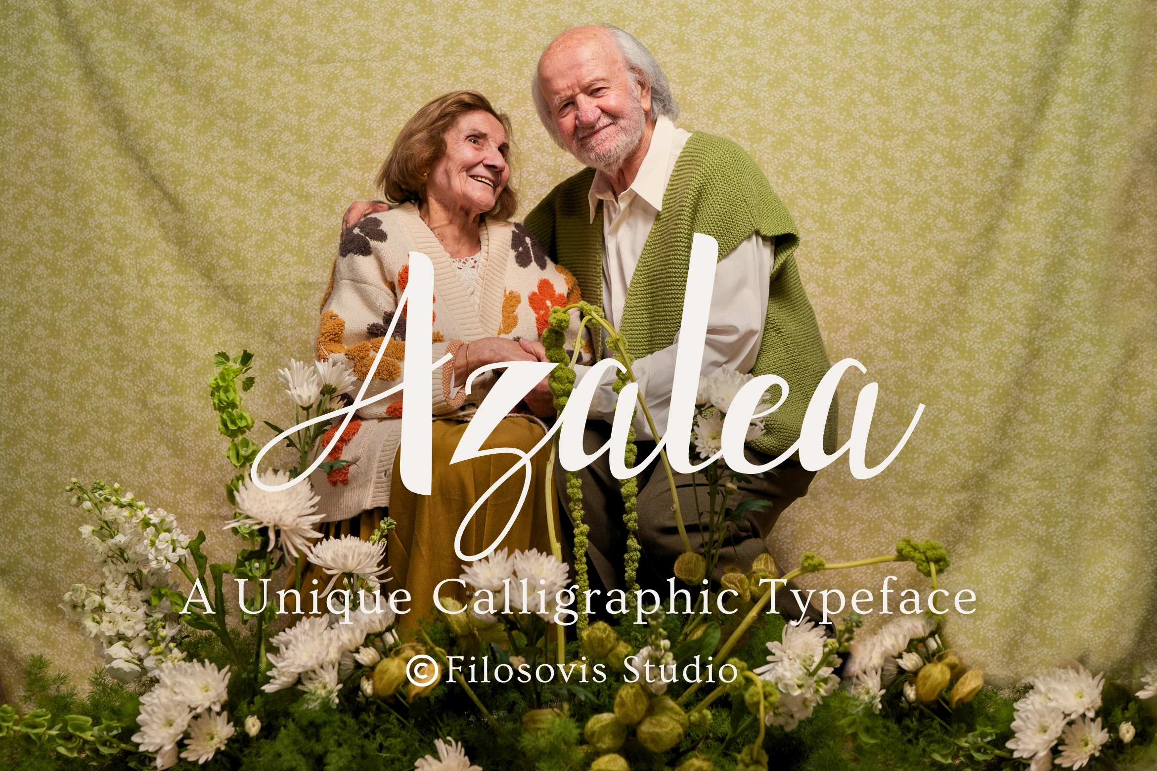 Azalea Font preview with white elegant script lettering, a long entry swash, and slanted calligraphic strokes