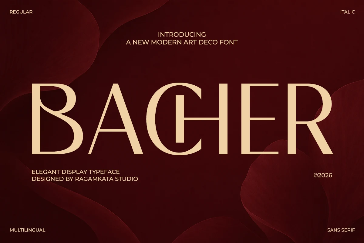 Bacher Font preview with cream Art Deco sans serif lettering, high-contrast strokes, and tall geometric forms