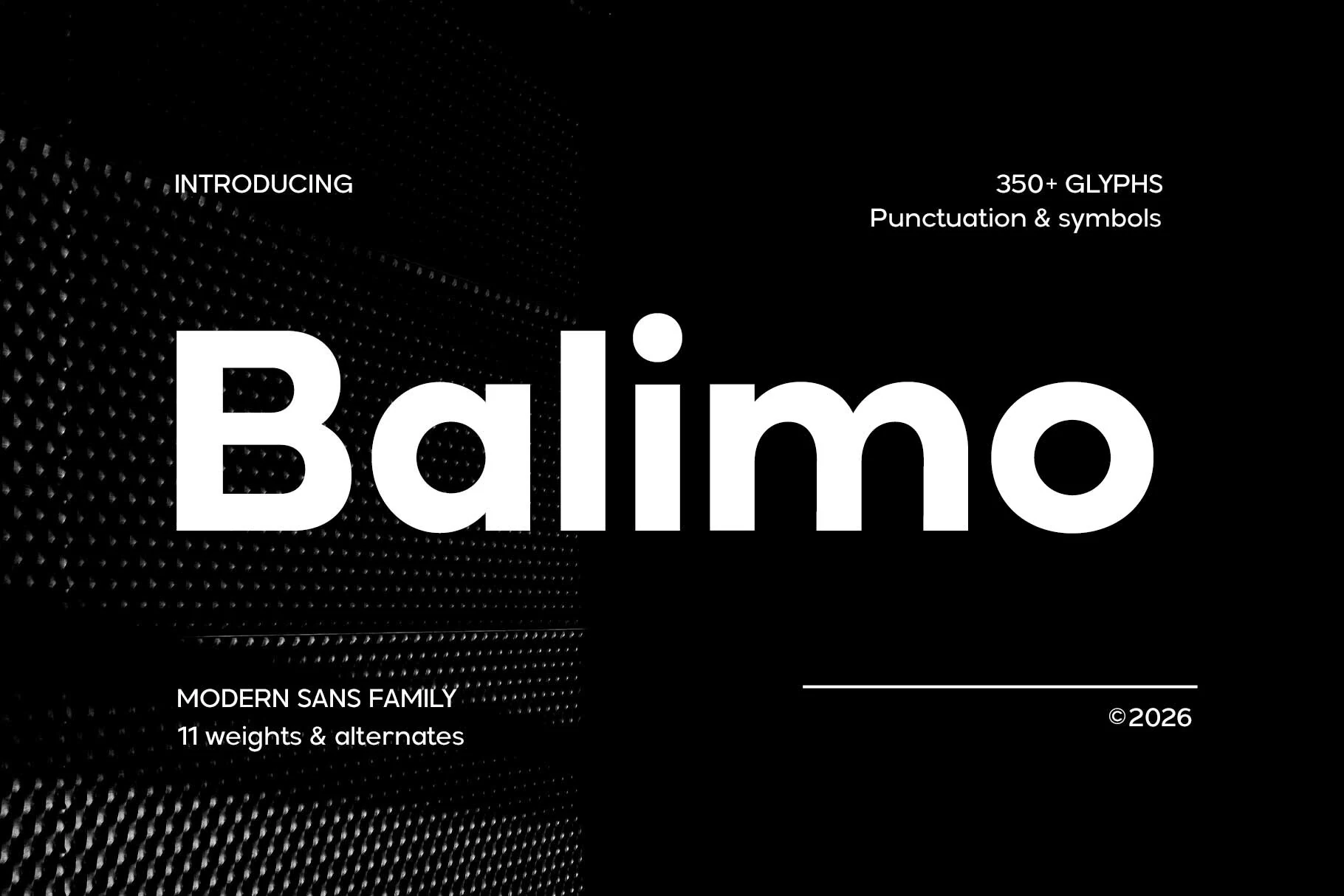 Balimo Font preview in bold white geometric sans serif lettering on a black background