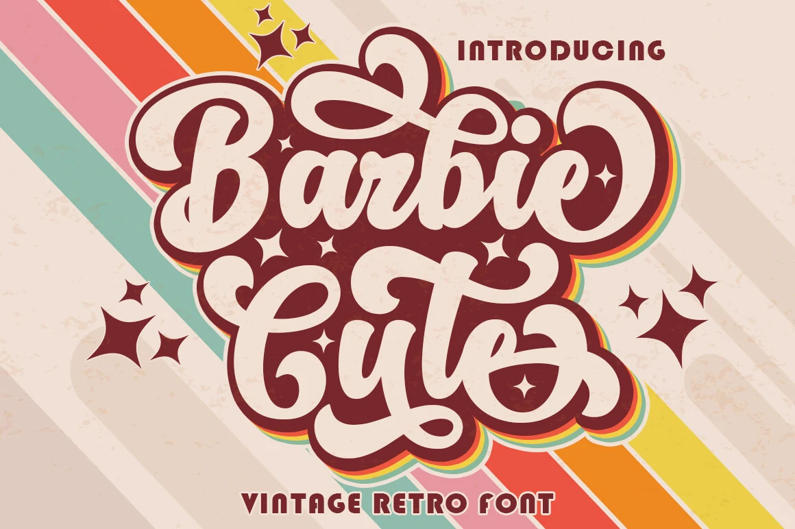 Barbie Cute Font preview with bold retro script lettering, cream fill, and maroon outline
