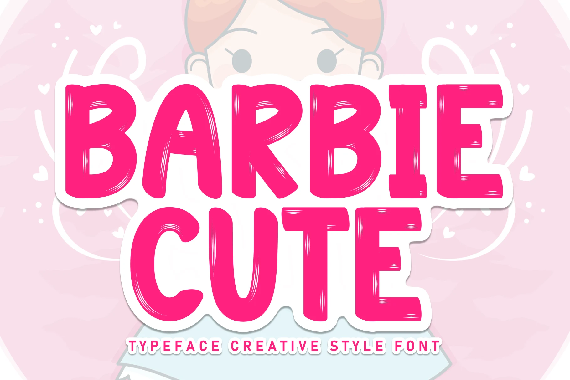 Barbie Cute Font preview with bold cream script lettering and large looping swashes in a retro style