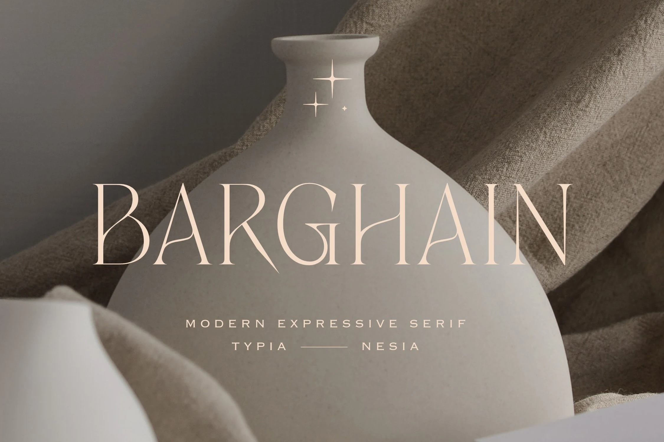 Barghain Font preview in light high-contrast serif lettering over a minimalist ceramic vase scene
