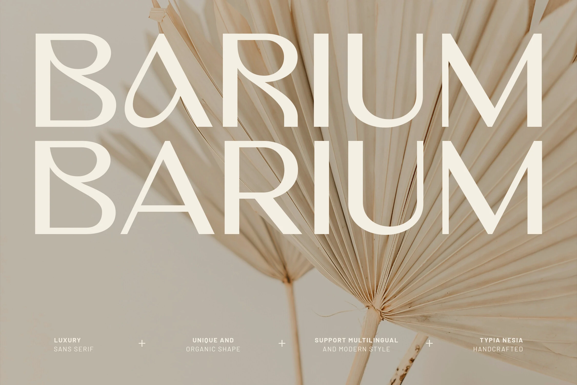 Barium Font preview in cream uppercase sans serif lettering with organic curves and wide spacing