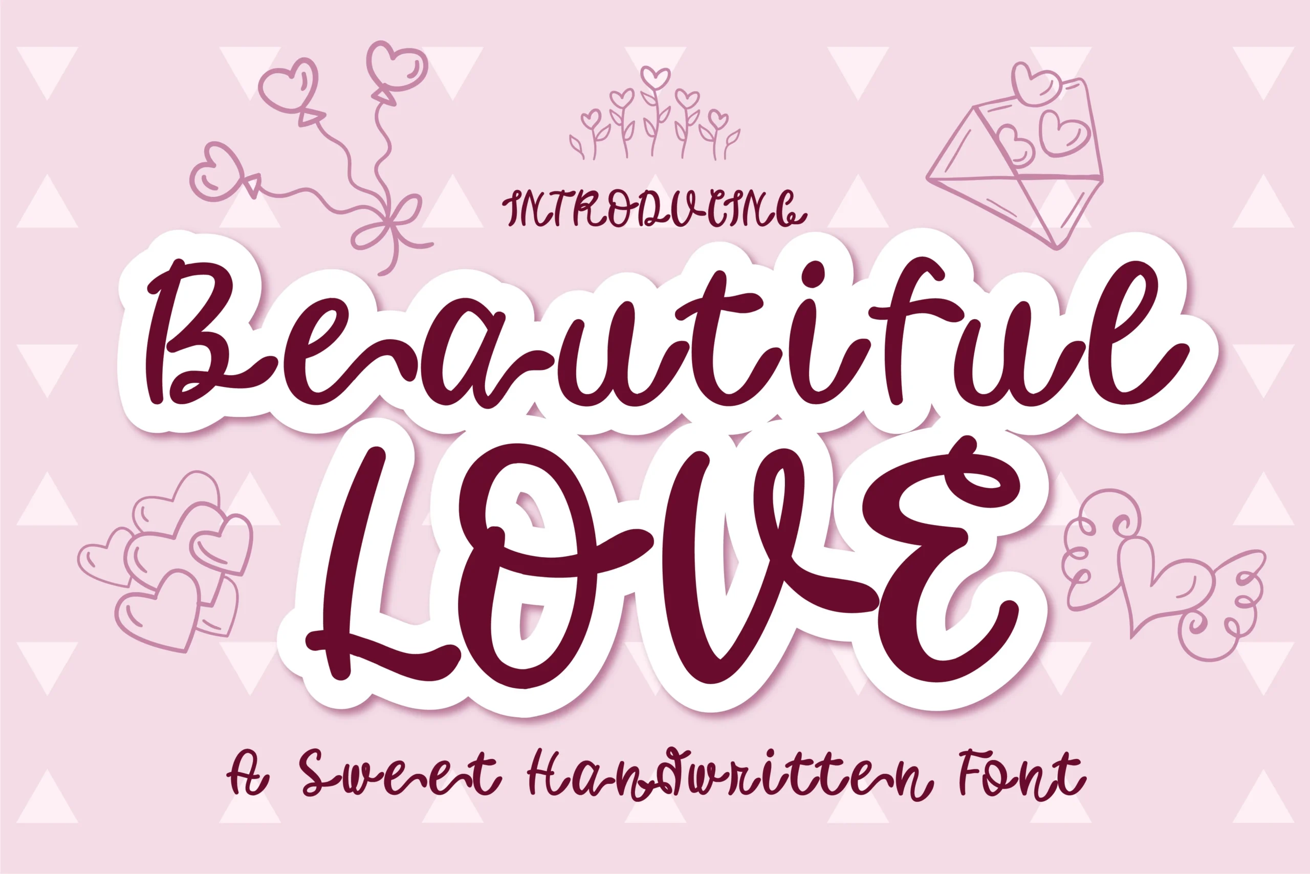 Beautiful Love Font preview with bold magenta handwritten lettering, rounded strokes, and playful heart details