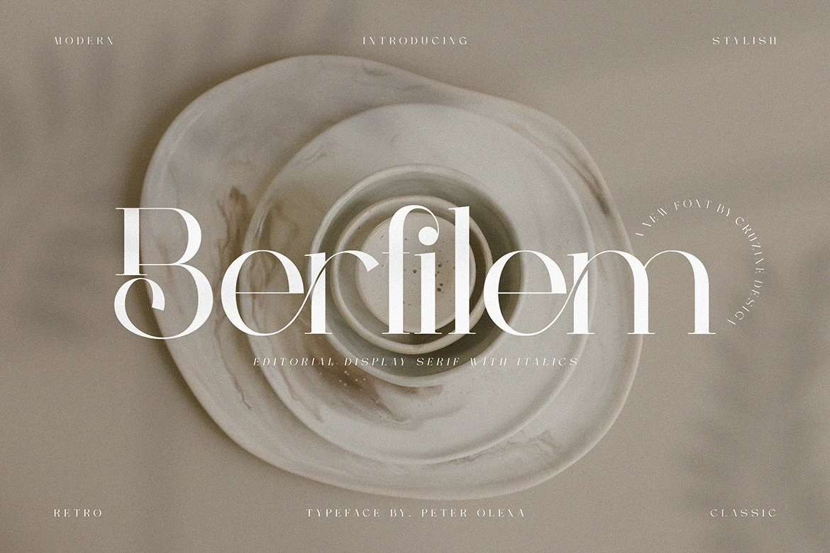 Berfilem Font preview in elegant high-contrast serif lettering with thin hairlines and sweeping curves