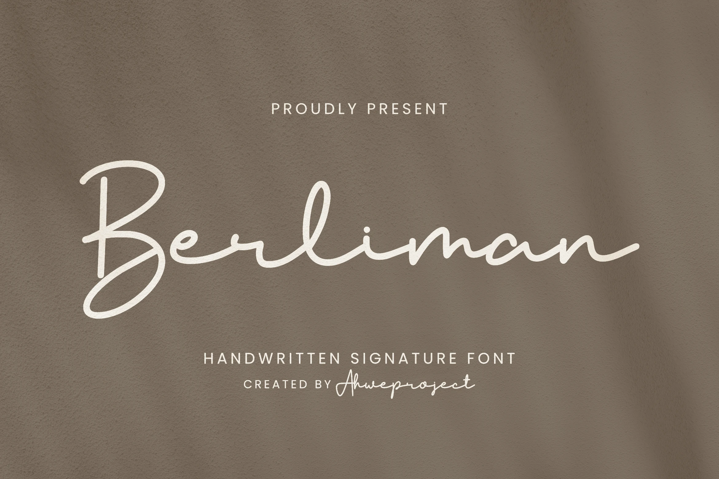 Berliman Font preview with white handwritten signature script, rounded strokes, and a large looping capital B