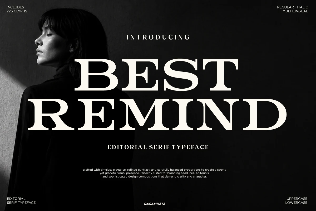 Best Remind Font preview with bold uppercase serif lettering, wide high-contrast forms, and cream text on a dark background