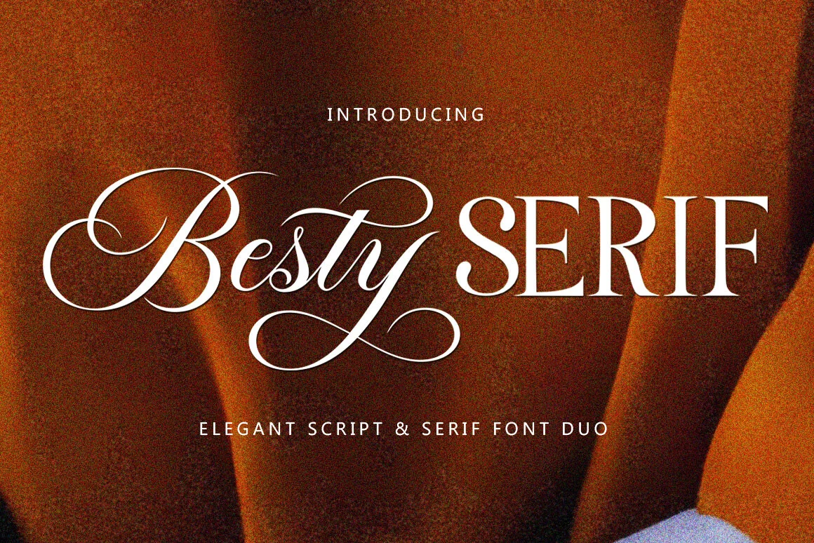 Besty Serif Font preview with ornate script and tall high-contrast serif lettering