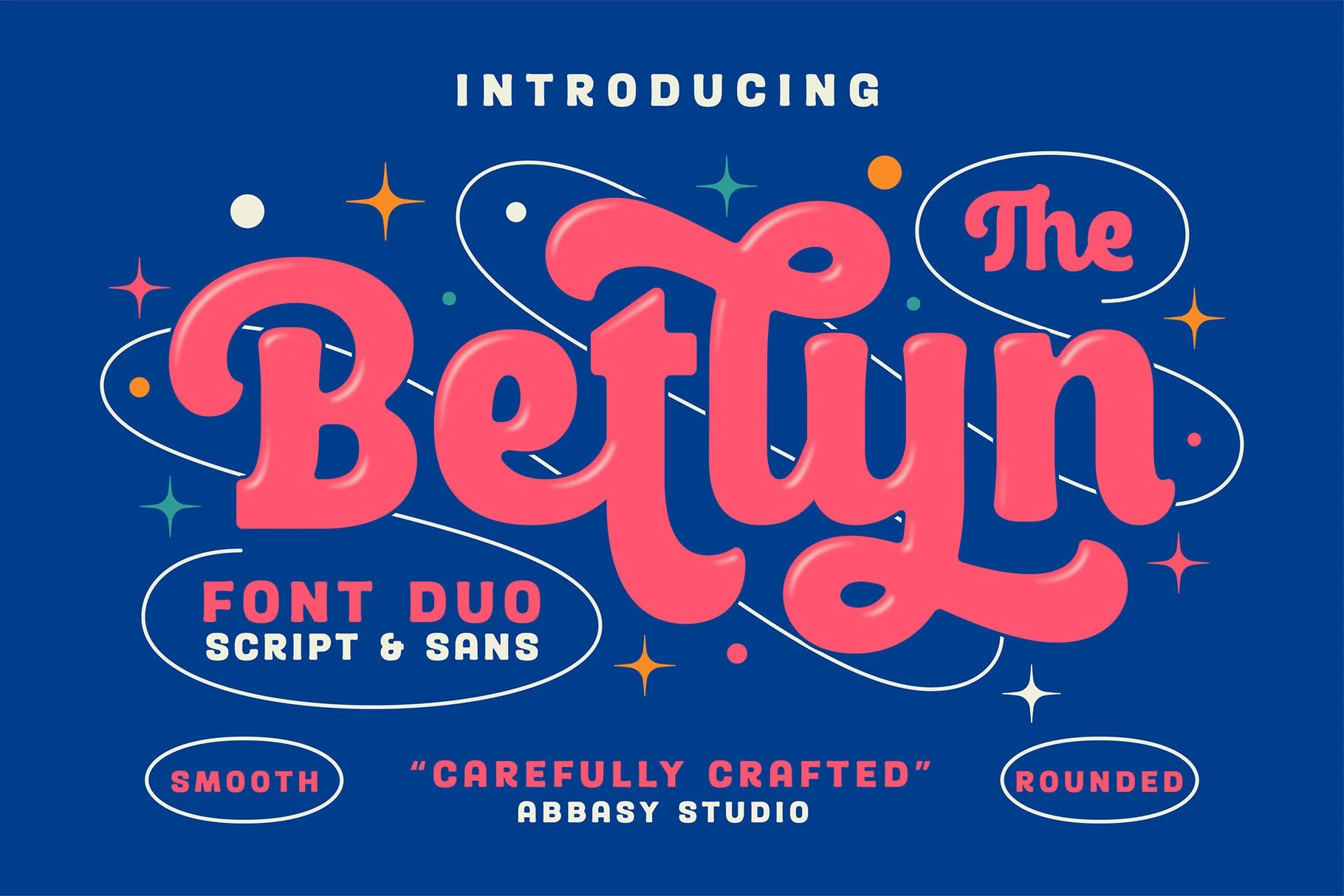 Betlyn Font preview with pink rounded script, chunky sans labels, and blue retro layout