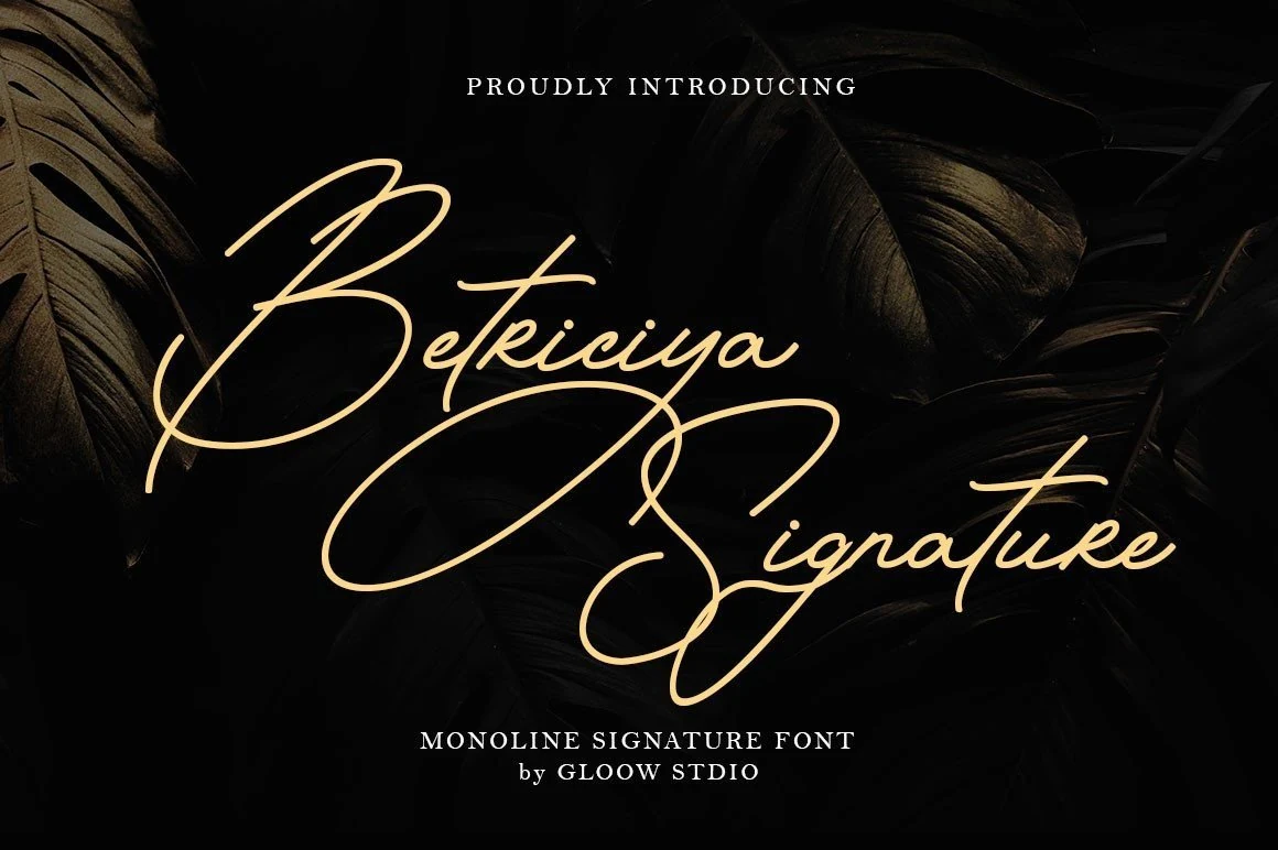 Betriciya Signature Font preview with elegant gold monoline script and large looping swashes