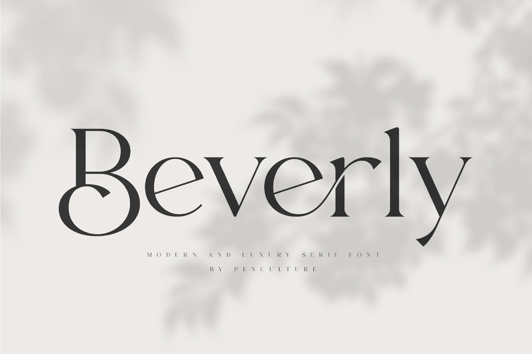 Beverly Font preview in black modern luxury serif lettering on a soft gray background