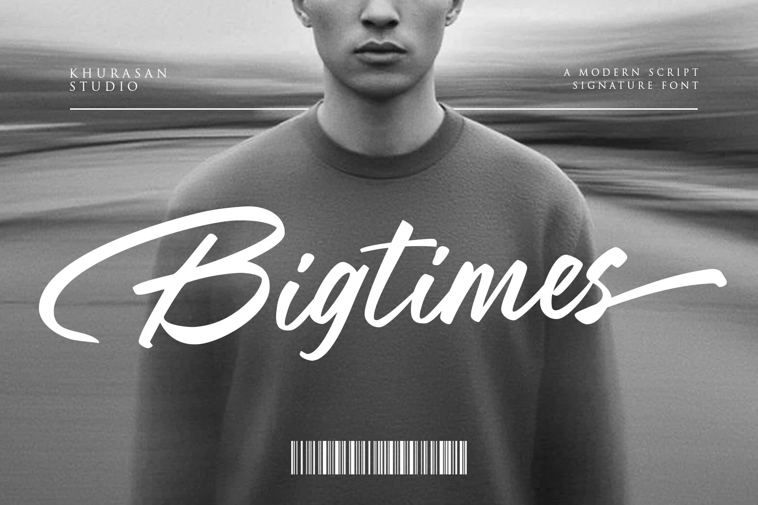 Bigtimes Font white signature-style brush script with sweeping strokes over a grayscale portrait