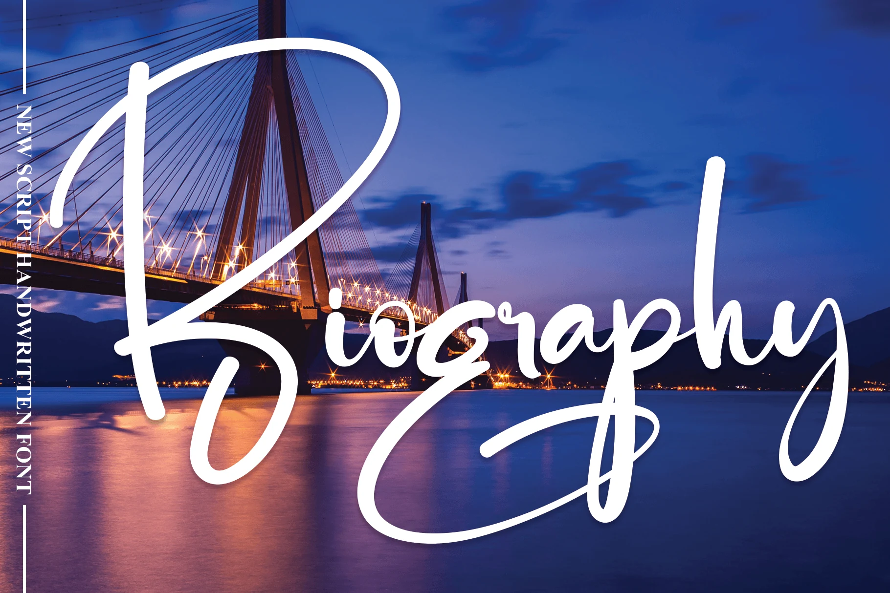Biography Font preview with bold white handwritten script, oversized capital B, and sweeping swashes