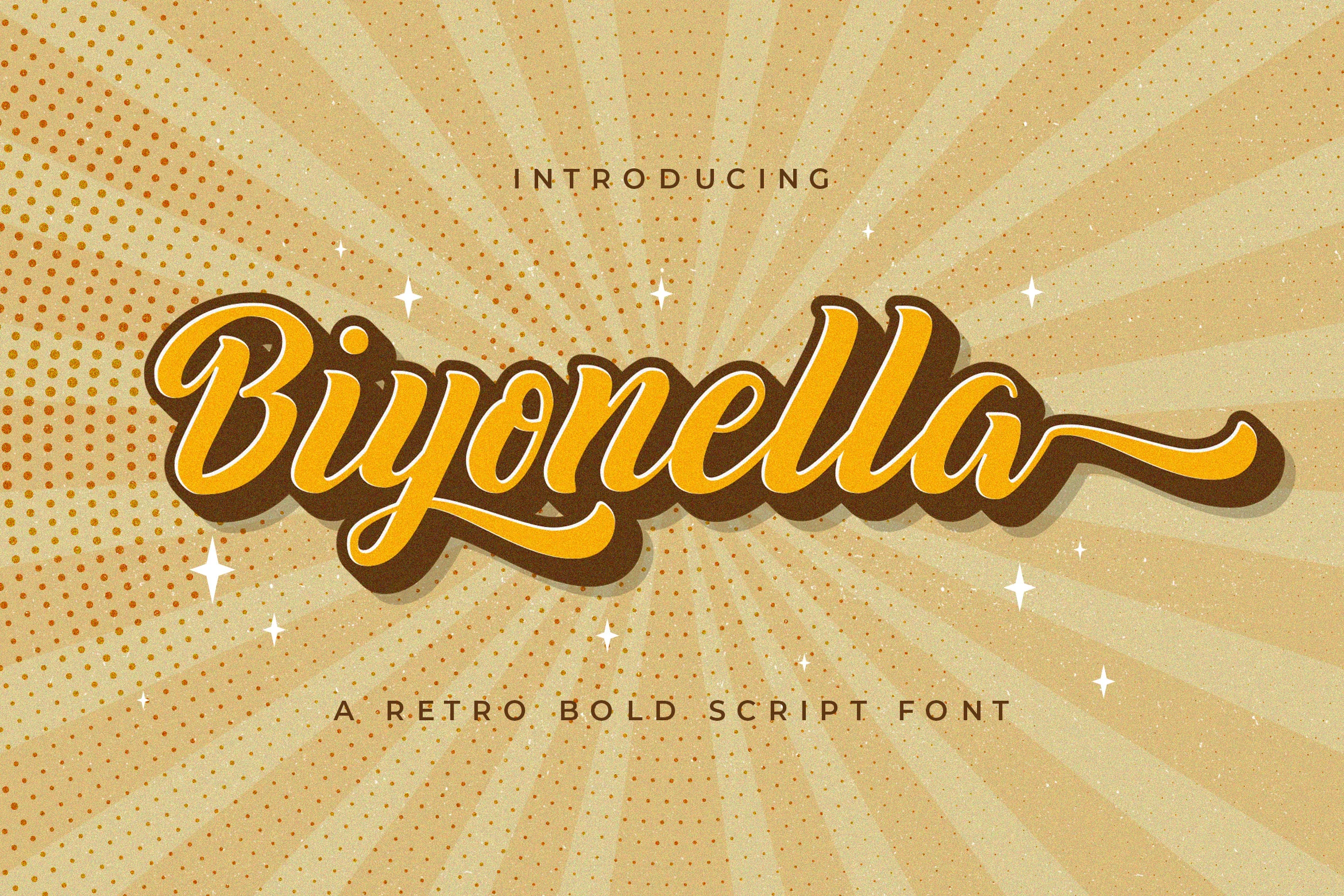 Biyonella Font preview with yellow retro bold script, white inline outline, and brown shadow