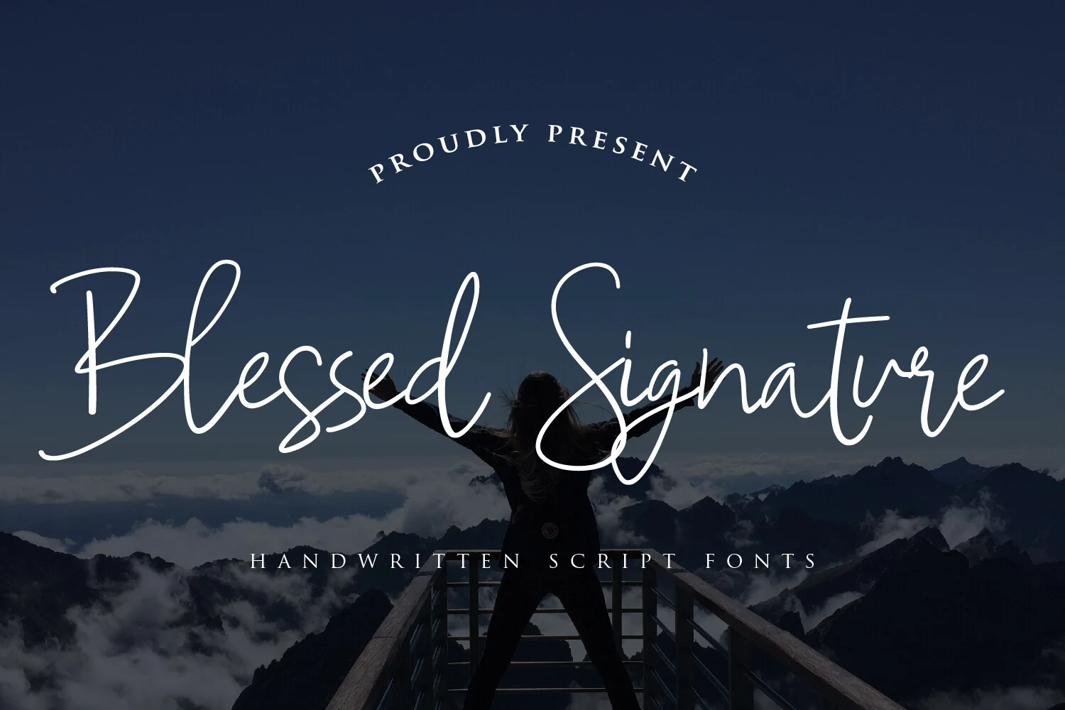 Blessed Signature Font preview showing thin white signature script with tall loops and long flowing strokes
