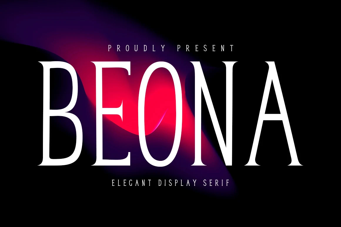 Boena Serif Font preview in tall white display serif lettering on a black background with a pink and purple glow