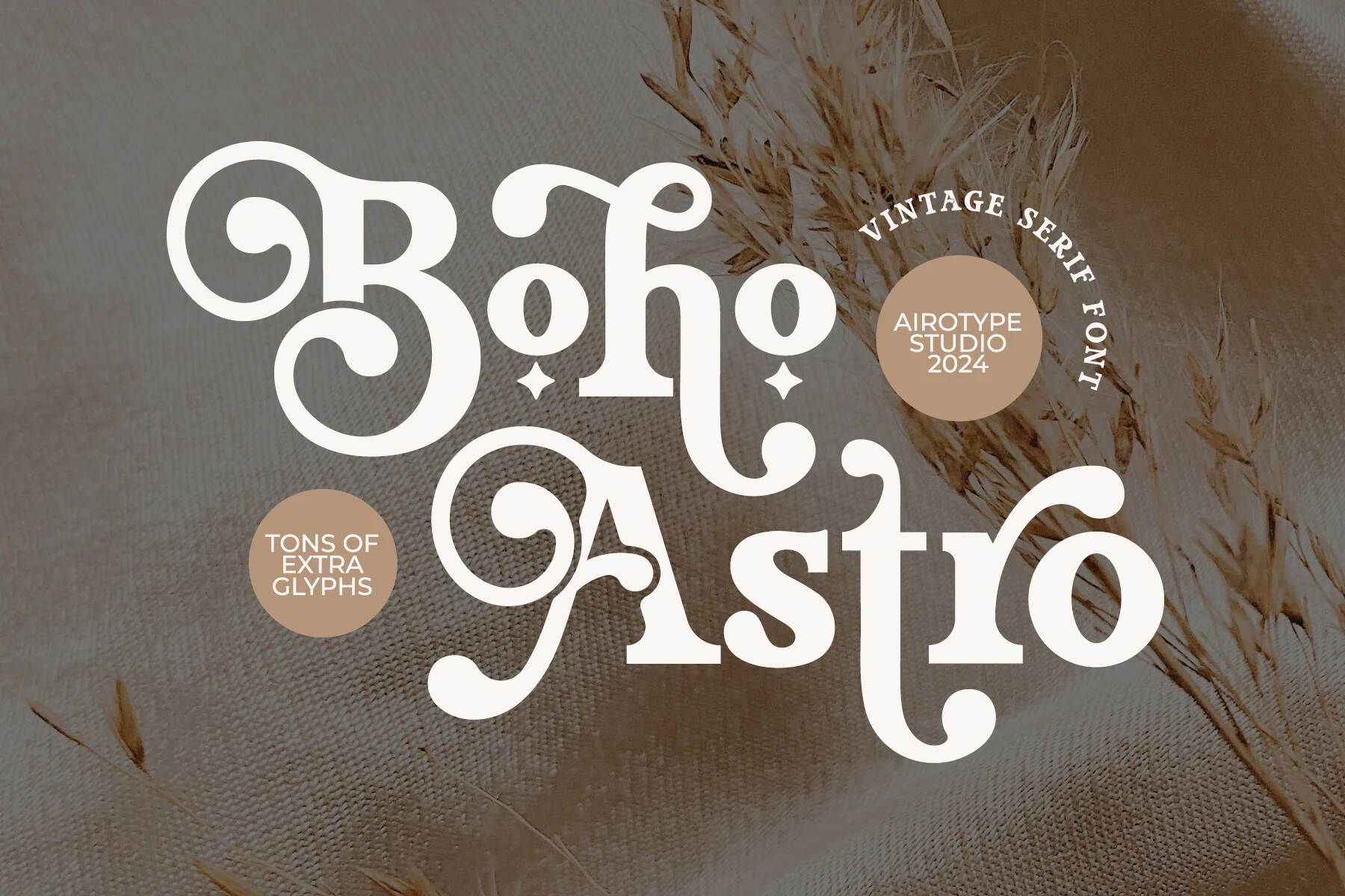 Boho Astro Font preview with bold vintage serif lettering and curled decorative terminals
