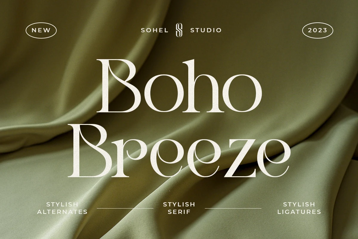 Boho Breeze Font preview with elegant high-contrast serif lettering and thin curved strokes