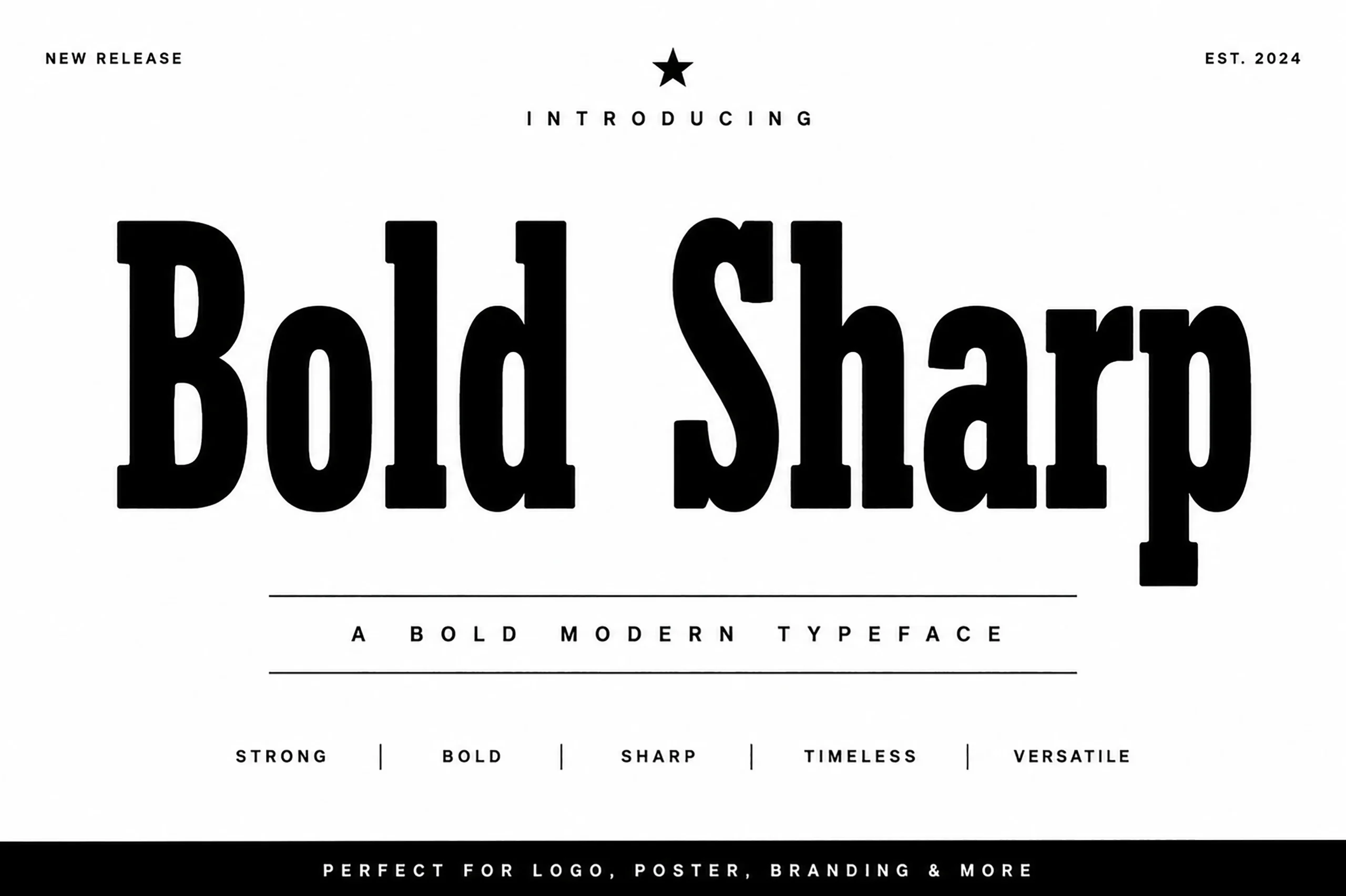 Bold Sharp Font preview with heavy black serif lettering and tall blocky display shapes