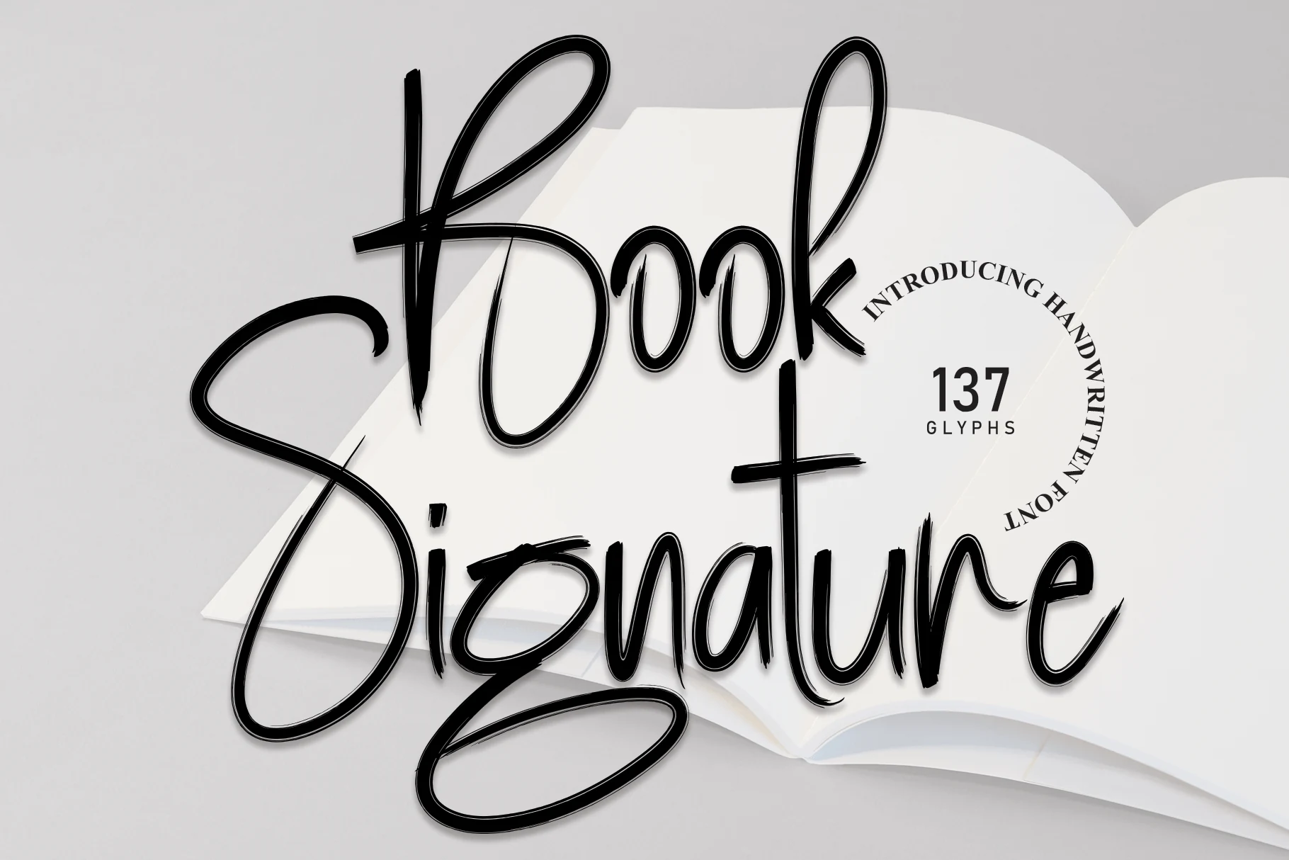 Book Signature Font preview with black handwritten script, large looping letters, and brush-like strokes