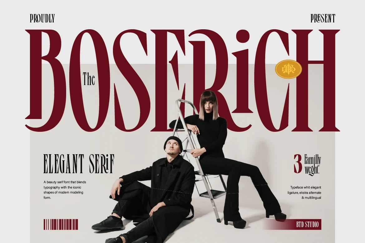 Boserich Font preview with tall condensed serif letters, high contrast, and deep red editorial styling