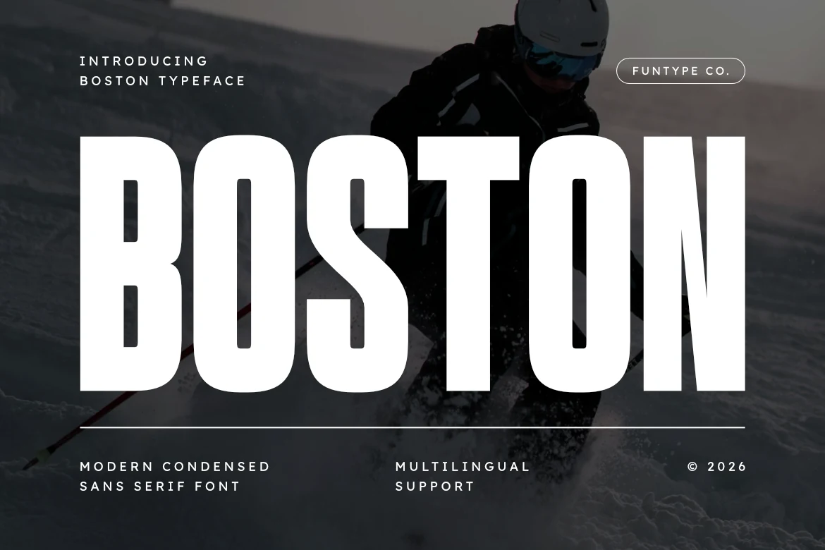 Boston Font preview with bold condensed white sans serif lettering