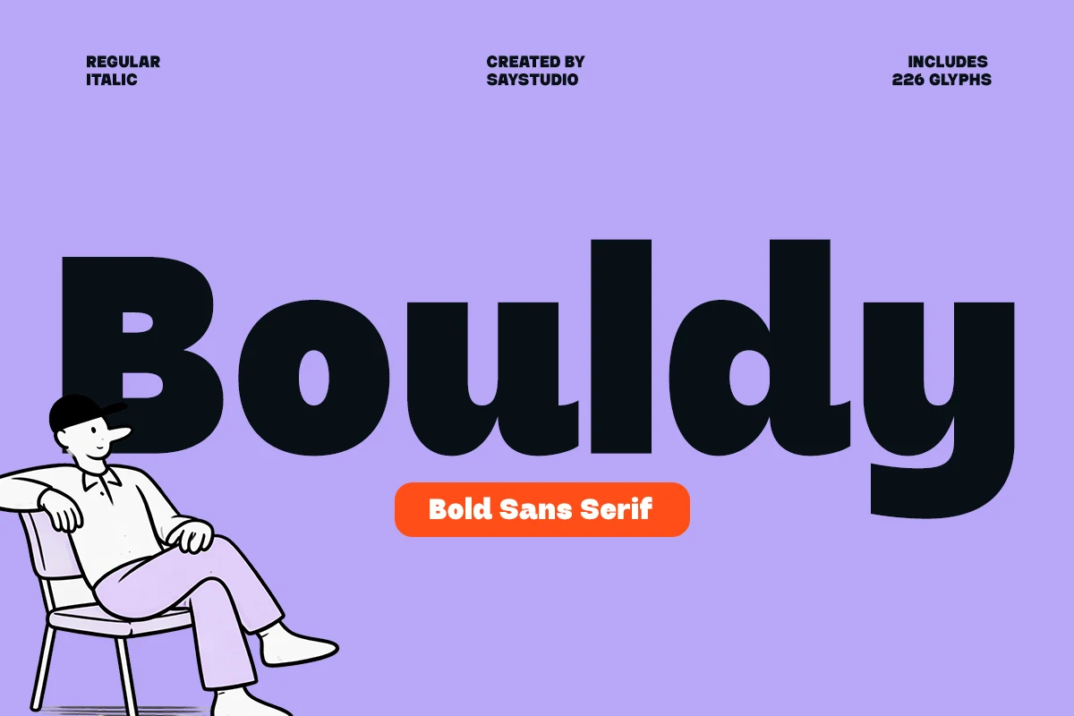Bouldy Font preview with chunky rounded black sans serif lettering on a lavender background