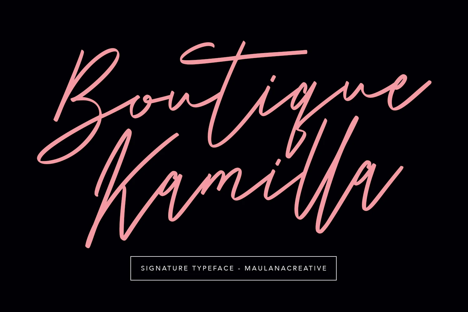 Boutique Kamilla Font thin pink signature script preview with smooth handwritten strokes and a long crossbar
