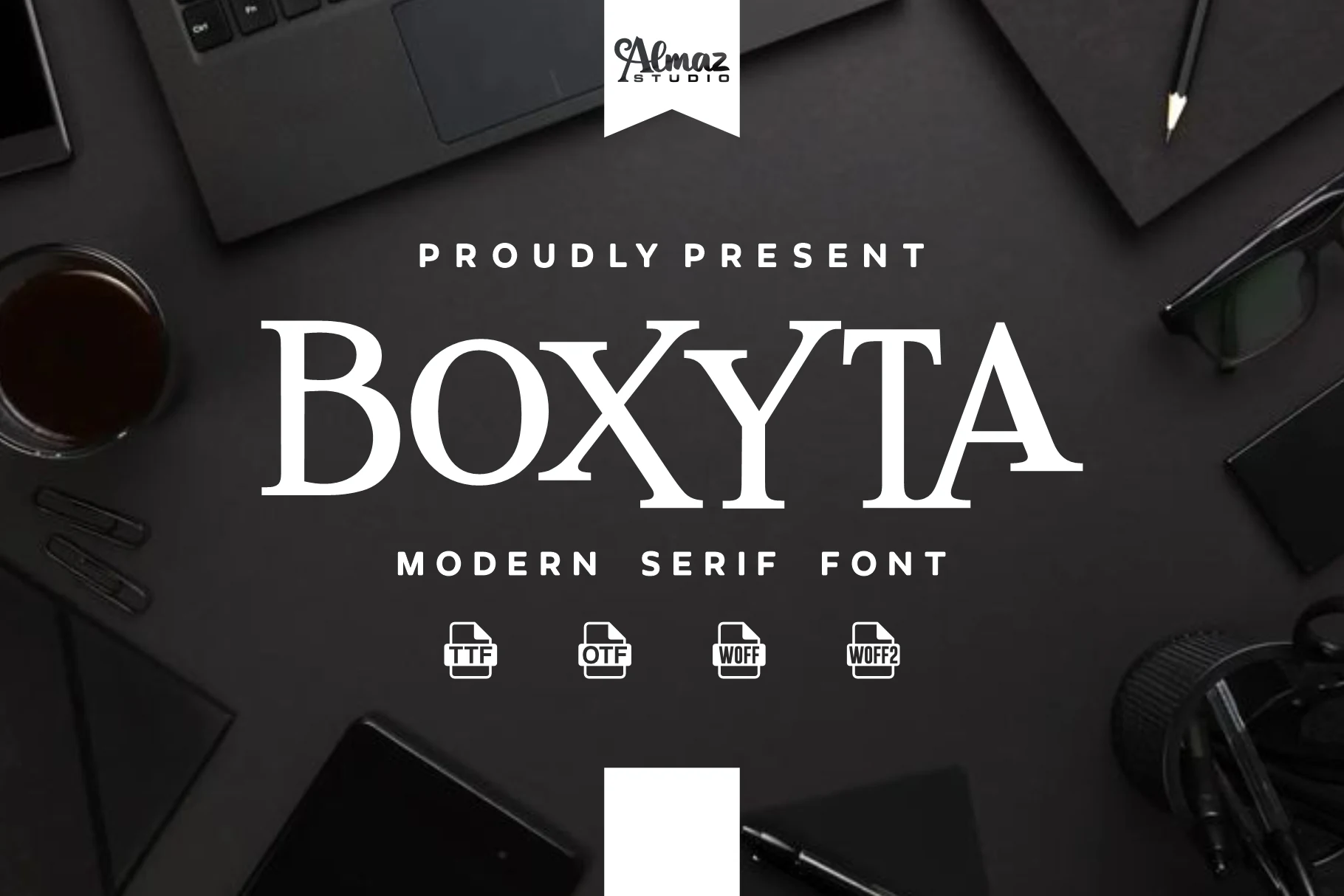 Boxyta Font preview with white all-caps high-contrast serif lettering