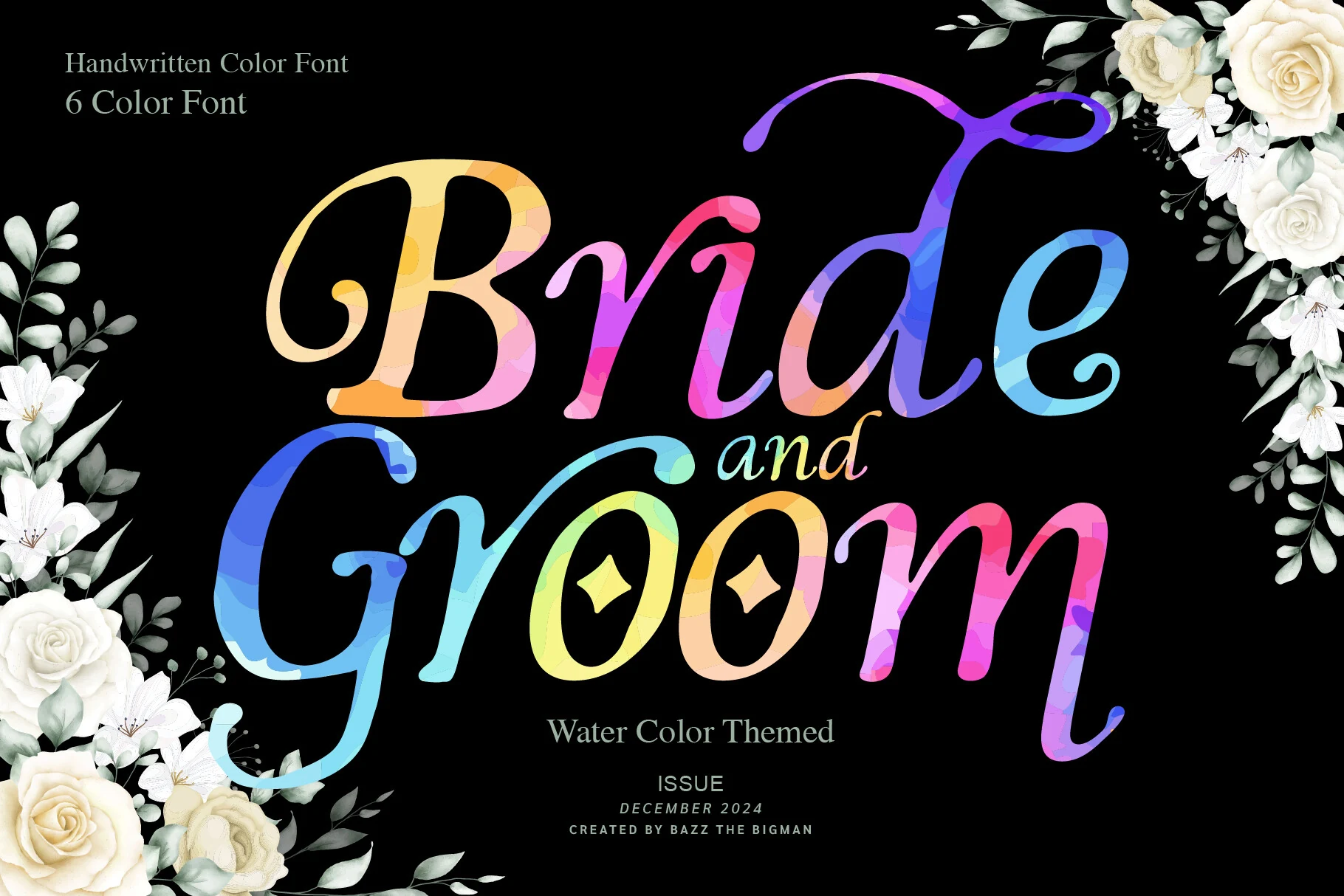 Bride and Groom Font preview with colorful watercolor script, rounded swashes, and playful decorative letters