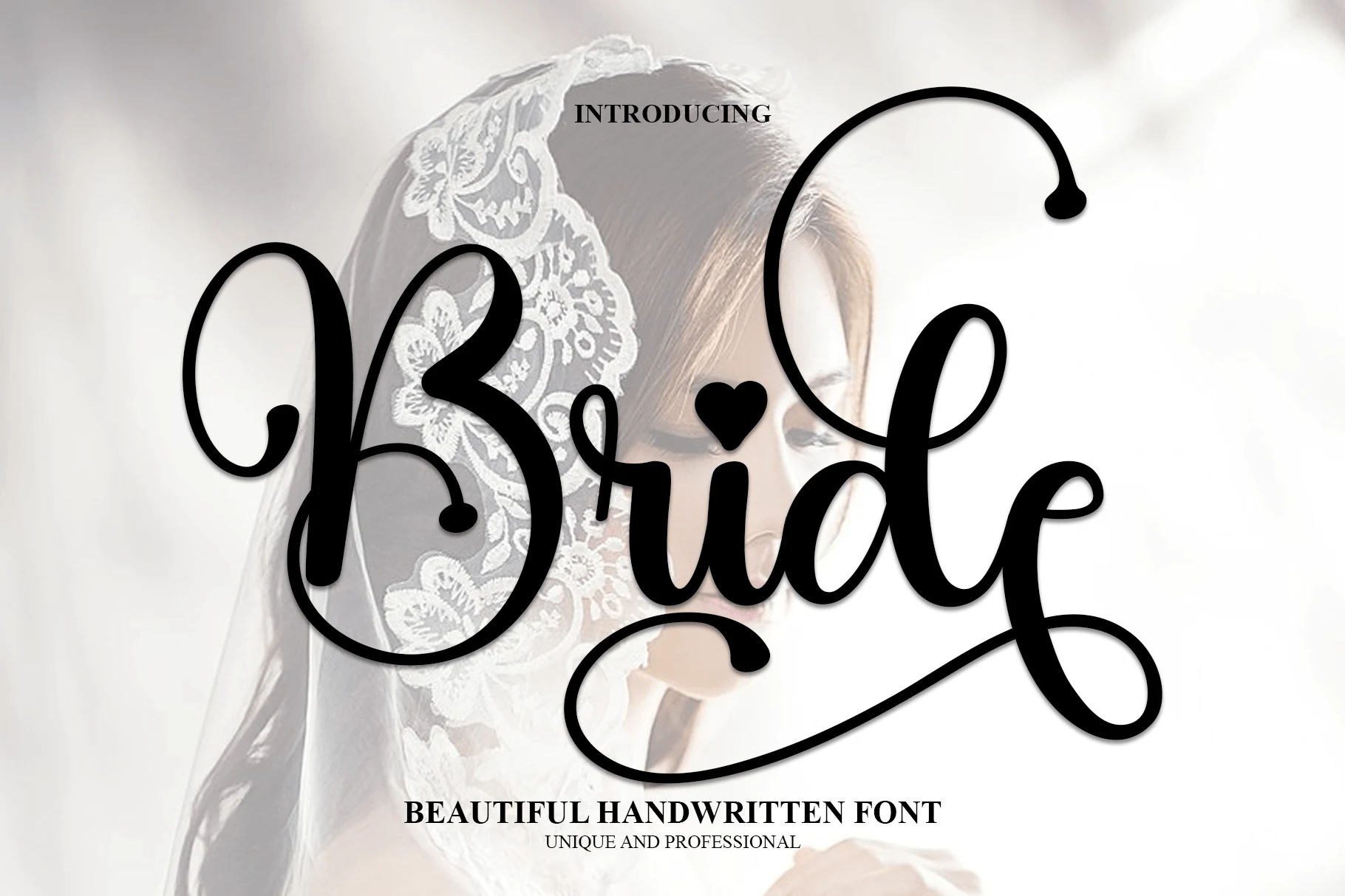 Bride Font preview in bold black rounded script lettering with a heart accent