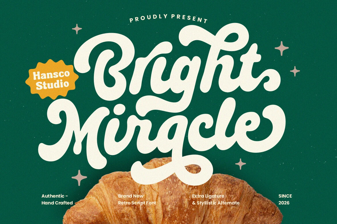 Bright Miracle Font preview with bold cream retro script lettering and rounded swashes