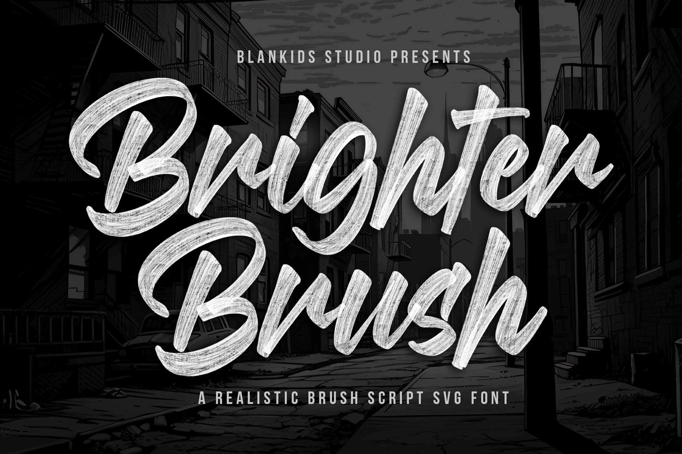 Brighter Brush Font preview with white realistic brush-script lettering, dry bristle texture, and sweeping loops