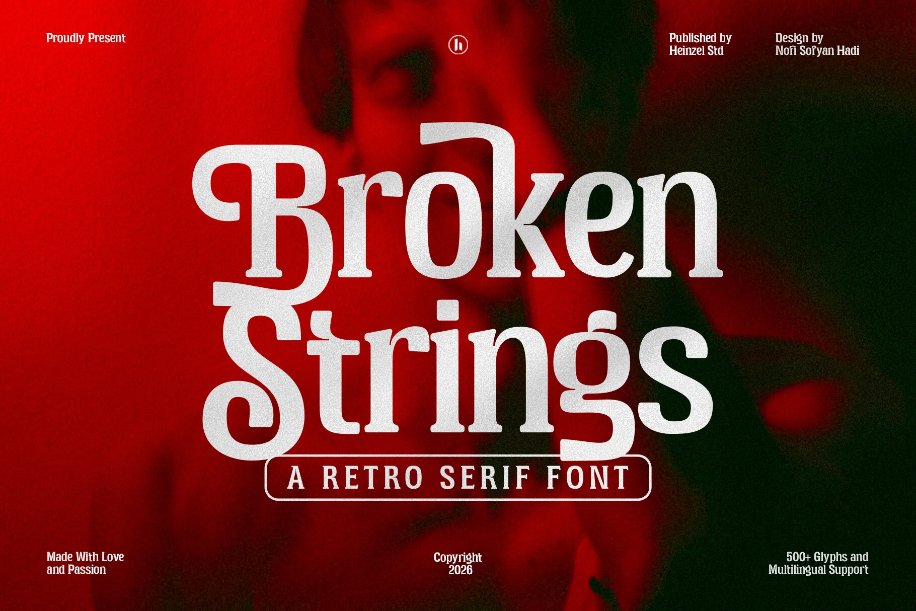 Broken Strings Font preview with bold retro serif lettering and chunky rounded curves