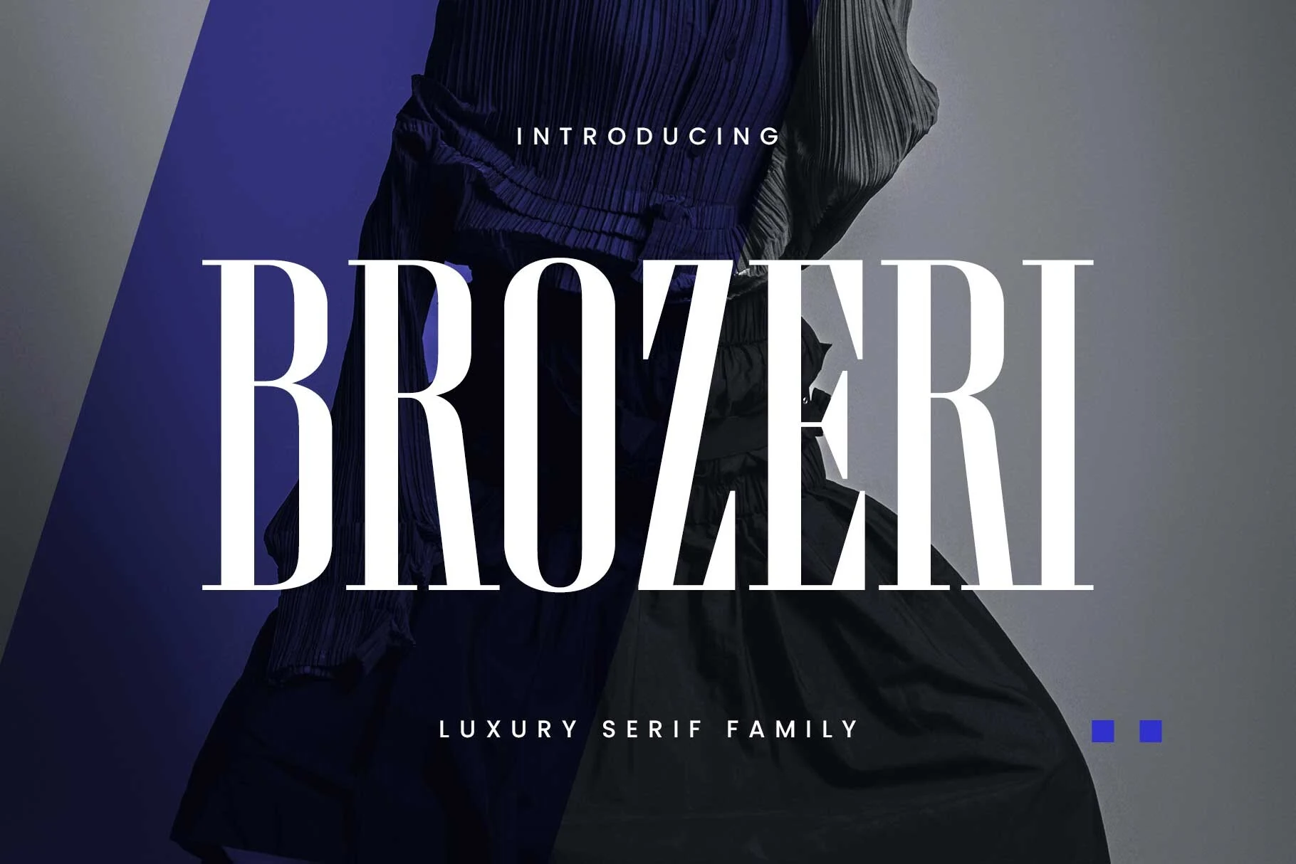Brozeri Regular Font preview with tall condensed serif lettering and sharp high-contrast strokes for fashion branding