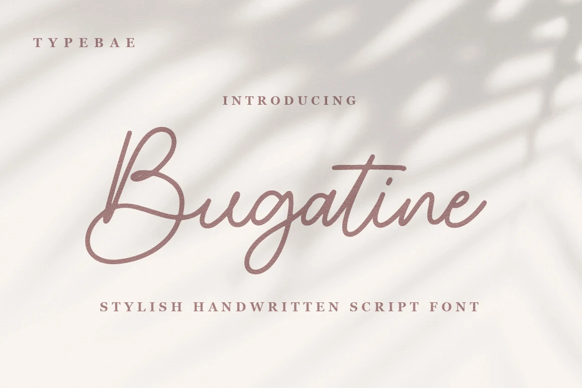 Bugatine Font preview in dusty pink handwritten monoline script with a looping B and soft curves