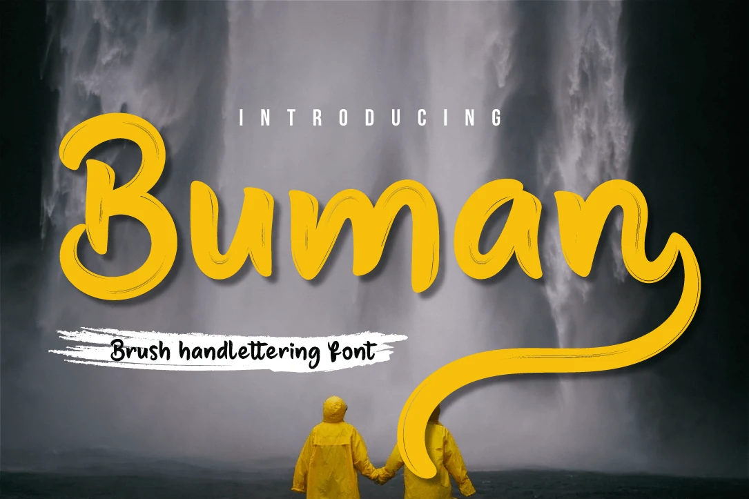 Buman Font preview in bold yellow brush script with rounded strokes and a long sweeping tail